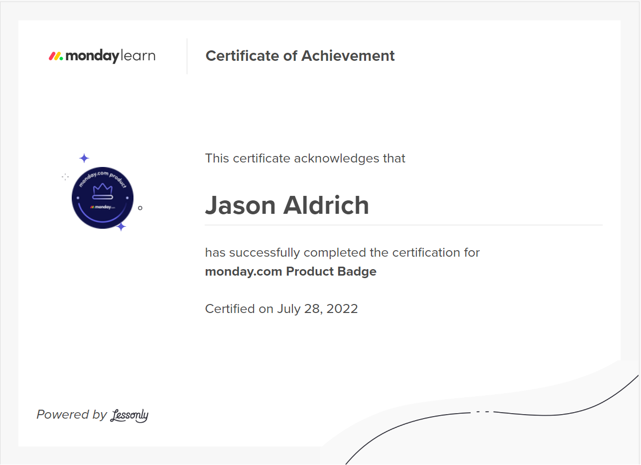Monday.com Certification for Jason Aldrich